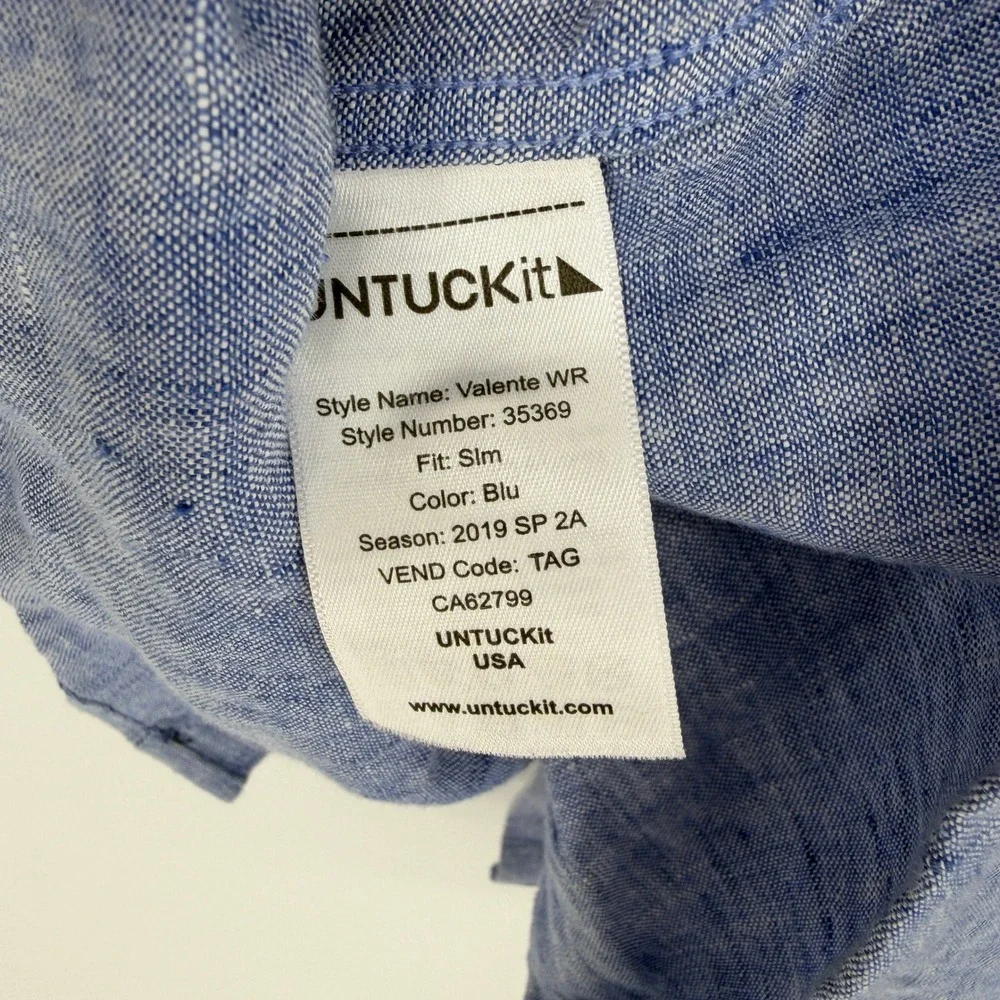 UNTUCKit Valente WR Blue Linen Slim Fit Short Sleeve Button Down Shirt Large